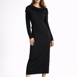 SAKS FIFTH AVENUE BLACK 100% Cashmere On or Off Shoulder Midi Sweater Dress M